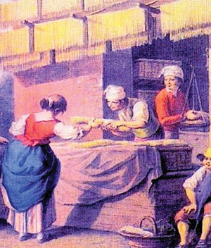 An illustration depicting a merchant hanging pasta to dry.
