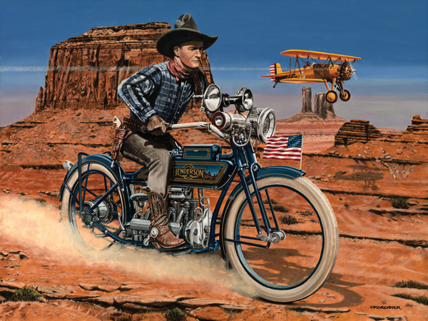 Denny Karchner’s illustration “Hell Bent for Leather 1928” depicts movie cowboy Tom Mix.
