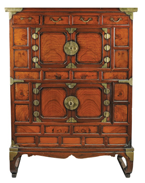 Korean Clothes Press composed of four doors with four drawers across the top; original decorative brass hardware. Made of zelkova wood, native to Korea, Japan, and parts of Eastern China, ca. 1890s-1920s. 