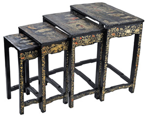 Chinoiserie: English(?) Nesting Tables hand painted with figural panels on each top surface and  decorative floral designs on the legs and aprons.  Unknown wood, ca. mid-1800s.